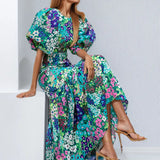 Purpdrank  Summer Elegant Women Blue Flower Print Dress Lantern Sleeve And Ankle  Slim Bodycon O-neck Pastoral Style Party Dress