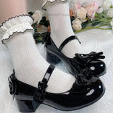 Purpdrank  Lolita Style Cute Round Head  Jane Pumps With Bow Women's Sweet Party Dress Midi Heels Shoes Fashion PU Sandals