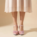 Purpdrank  Big Size 46 Women Pink Velvet Mary Jane Pumps Bow Knot Ankle Strap Kitten Heel Shoes Elegant Pointed Toe Office Dress Shoes