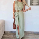 Purpdrank  Casual Commuting Women's A-line Dresses Summer Sleeveless Hollow Out Irregular Dress Sexy Slim Fit Split Solid Color Long Dress