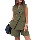 Purpdrank  Spring Summer Women Office Shorts Suit Set Solid Khaki Sleeveless Halter Outfit 2 Piece Matching Sets For Women