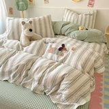 Purpdrank  Embroidery Stripe Bedding Set Cute Cartoon Washed Cotton Soft Four Piece Sets Pillowcase Duvet Cover Set 200x230cm Home Textiles