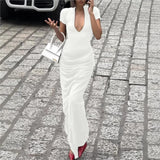 Purpdrank  Sexy Slim Long Dresses For Women Summer Short Sleeve V-neck Bodycon Maxi Dress Elegant Vestidos