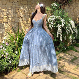 Purpdrank  Spring and Summer New High Waist Slimming Dreamcatcher French Riviera Embroidery Backless Long Dress Women