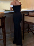 Purpdrank  Elegant Color Match Off Shoulder Long Dress for Women Sexy Sleeveless Slim Waist High Slit Evening Party Club Maxi Dress
