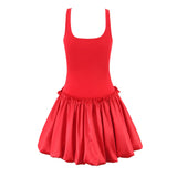 Purpdrank  Sweet White Bow U Collar Tank Dress Women Spliced Satin Wood ears Low Waist Swing BUD Sling Mini Party Dresses Robe Red