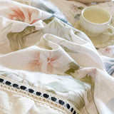 Purpdrank  Korean Princess Style 100% Cotton Bedding Set French Flowers Print Lace Ruffles Duvet Cover Bed Skirt Bedspread Pillowcases 4Pcs