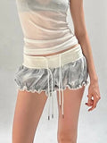 Purpdrank  Sweet Plaid Lace Trim Shorts Casual Loose Bandage Patchwork Low-Waisted Shorts Women 2025 Summer Fashion Streetwear Lady