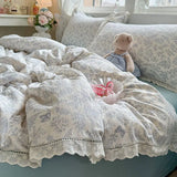 Purpdrank  Korean Style Girly Heart Floral Double Layer Gauze Four-Piece Set Princess Style Lace Trim Quilt Cover Bed Sheet Dormitory