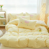 Purpdrank  Pink Bedding Sets Solid Color Washed Cotton Home Girls Bedroom Decor Duvet Cover Pillowcase Bedspread Embroidery Four Piece Set