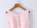 Purpdrank  Sexy Pink Gingham Plaid Low Waist Mini Tank Dress Women Open Buttons Neck Backless Ruched Hem Swing Sleeveless Dresses Vestidos