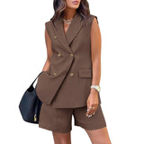 Purpdrank  Spring Summer Women Office Shorts Suit Set Solid Khaki Sleeveless Halter Outfit 2 Piece Matching Sets For Women