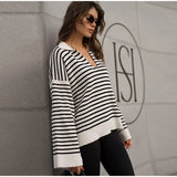 Purpdrank  Knit Striped Women Sweater Full Sleeve Deep V Neck Female Top 2025 Fashion Casual Autumn Loose Turn-down Collar Lady Pullovers