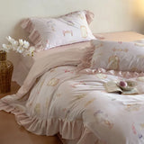 Purpdrank  4Pcs Lyocell Soft Silky Cooling Summer Bedding Set Rose Floral Prints Ruffles Duvet Cover Set Bed Sheet/Fitted Sheet Pillowcases