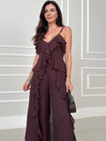 Purpdrank  Casual Chiffon Ruffles Pants Women's 2 Piece Sets V-neck Sleeveless Split Tops Loose Wide Leg Trousers 2025 Summer Lady Outfits