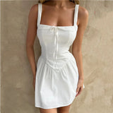 Purpdrank  Sexy Bow Square Collar Corset style Mini Sling Dress Women Deep Backless Party Skater Low Waist Ruched A-line Sling Robe