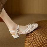 Purpdrank  High-quality square-toed bow high-heeled sandals, 2025 summer new hollowed-out fashionable woven casual mid-heeled women's shoes