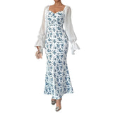 Purpdrank  European and American New Women's Clothing Women's Long Sleeve Chiffon Patchwork Knitted Printed Bodycon Maxi Dress