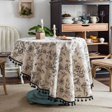 Purpdrank  Round 150Cm Blue Rose Printed Tablecloth Romantic Cotton and Linen Dust-Proof Table Cover Retro Lace Trim Furniture Protector