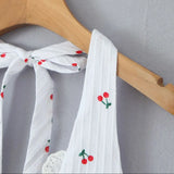 Purpdrank  Sexy White Red Fruit Tie Bow Halter V neck Open Buttons Slim Tank Top Women Spliced Lace Hem Sleeveless Backless Tee Summer Vest