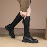 Purpdrank - 2023 New Genuine Leather Lace-up Boots Women Zip Fashion Knee High Boots Thick Fur Winter Warm Motorcycle Boots Platform Boots