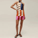 Purpdrank  Elegant Print Halter Sleeveless Resort Party Dress Summer Sexy Waist Slim Mini Dress Women Casual Hollow Linen Short Dress