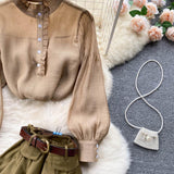 Purpdrank - Autumn Winter Women Two Piece Sets Stand Collar Puff Sleeve Ruffled Tops and Empire Slim Skirt with Belt Office Lady Suits