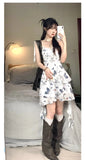 Purpdrank   French Style Tea Break Butterfly Floral Lace Trim Halter Dress Women's Summer Slimming Short Skirt Waist Cinched Midi Dress