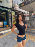 Purpdrank  Low waisted American style two-color slimming, hip hugging, spicy girl, rolled edge jeans, stretch, plus size, ripped hole