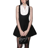 Purpdrank  y2k Mini Dress Women Summer Contrast Color Patchwork Lapel Collar Sleeveless A Line Mini Dress Evening Party Dresses