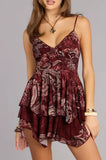 Purpdrank   Summer Women Paisley Print Spaghetti Strap Backless Mini Dress V Neck Layered Ruffle Hem Casual Dress Boho Vacation Romper Dress