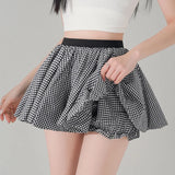 Purpdrank  Kawai Plaid Pleated Flower Bud Skirt Women Summer High Waist Slim Fit Mini Skirt Anti-exposure A Word Ultra  Puffy Shorts Faldas