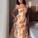Purpdrank   Spring summer Women's Elegant Floral Print Maxi Dress Square Neck Puff Sleeve Smocked Waist Tiered Ruffle Hem Vacation Dress