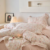 Purpdrank  Vintage French Country Rustic Style Floral Bedding Set 100% Cotton Double Layer Crinkle Yarn Duvet Cover Bed Sheet Pillowcases