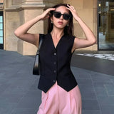 Purpdrank  Summer New Product Retro Black Short Suit Waist Vest Cardigan Sleeveless Vest Top Vest Foreign Style Fresh and Fashionable