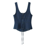 Purpdrank  Sexy Square Collar Blue Denim Camis Sexy Corset Women Front Cross Lacing up Bandage Bow Tank Tops Back Zipper Slim Crop Top