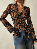 Purpdrank  Print Blouse Women Stand Collar Single Breasted Shirts Long Sleeve Vintage Fashion Top Spring Summer New Female Blouse