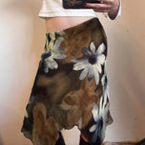 Purpdrank  Brown Floral Print Mesh Asymmetrical Skirt Low Rise Midi Skirts Woman Fall Fashion 2000s Clothing Y2k Clothing
