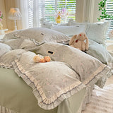 Purpdrank  Korean Princess Style Floral Prints Ruffles Bedding Set Double Layer Yarn 100% Cotton Duvet Cover Pillowcases Bed Sheet 4Pcs