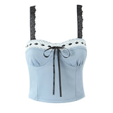 Purpdrank  Women Ribbon Bow Ruched Bra Sexy Corset Summer Contrast Color Lace Strap Camis Slim Fit Tank Top Rope Crop Top