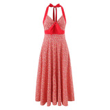 Purpdrank  Lady Sleeveless Pleated Swing Party Dress Fashion Backless Floral Printed Halter Dress Summer New Beach Vacation Slim Maxi Dress