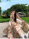 Purpdrank  New Floral Waist-Cinching Slimming 7m Pleated Long Halter Dress for Women