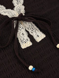 Purpdrank  Dark Brown Lace V Neck Tie Front Women's Chic Tops Short Sleeve Ruched Fitted Blouse New Lady Daily Commute Street Shirts