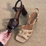 Purpdrank   French Strap Sandals Women Summer Skirts Flat Woven Hollow Artistic Retro Open Toe Roman Shoes Rubber Bottom Square Head