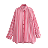 Purpdrank  Spring New Women's Fashion Style Casual Versatile Curled Cuff Stripe Loose Shirt Top