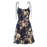 Purpdrank  Summer Holiday Navy Blue Floral Print Bow Lacing Up Strap Sling Dress Women Elastic Back Ruffles Hem Short Dresses Vestidos Robe