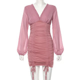 Purpdrank  Sexy Long Sleeve Slim Elastic Bodycon Bandage Dress Short Pleated Party Dresses Chiffon Summer Autumn Dress Women