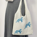 Purpdrank  Casual Cartoon Turtle Knitting Shoulder Bag Hollow Large Capacity Beach Bag Knitted Beige Brown Underarm Bag Vacation