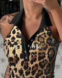 Purpdrank Women's Tank Top Contrast Sequin Leopard Print Skinny Sleeveless T-Shirt Women Daily Clothing Button Front Casual Slim Fit Vest