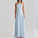 Purpdrank   Casual Halter Hollow Slim Wedding Dress Fashion Backless Summer Long Dresses Satin Off Shoulder High Waist Formal Occasion Dress